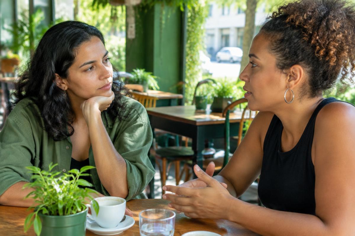 Imagem ilustrativa de duas mulheres conversando e escutando uma à outra em um café